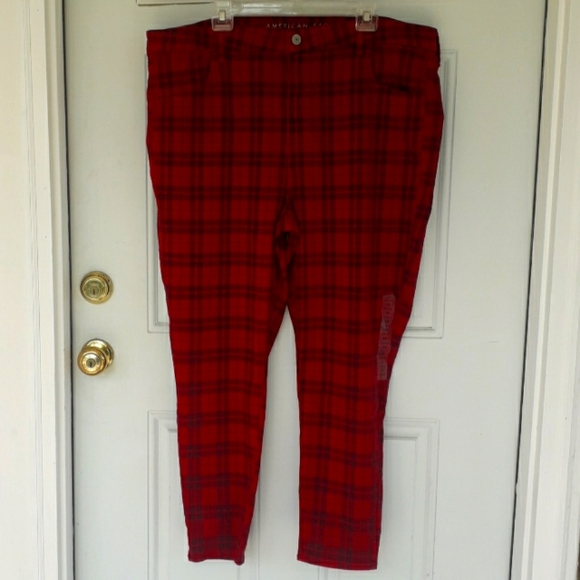 AEO Next Level Stretch High Rise Red Plaid Jeggings - Picture 2 of 13